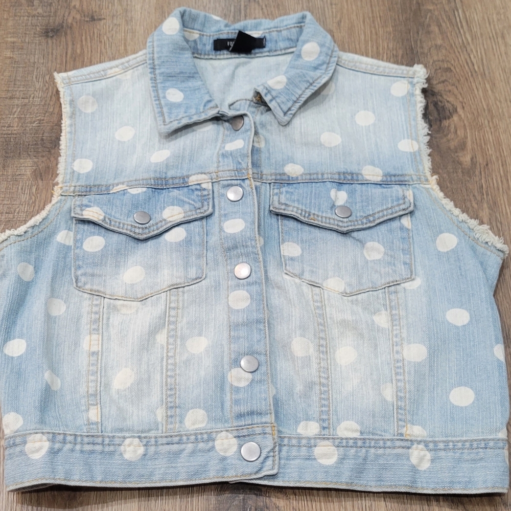 FOREVER 21 Denim Vest, S, Polka Dot, Snap Button